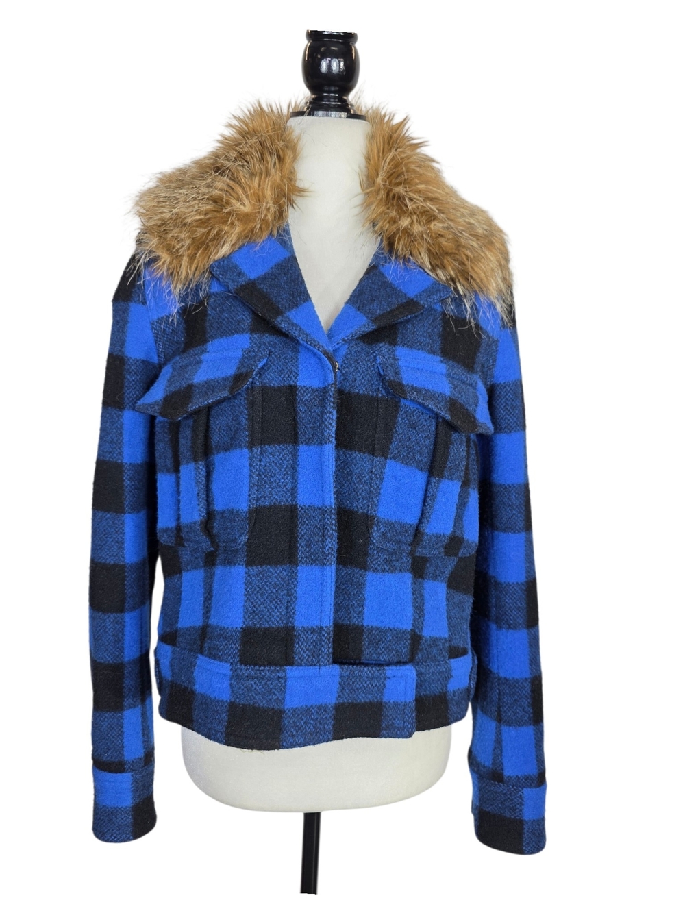 Smythe Wool Black & Electric Blue Buffalo Checks barn jacket with Faux Fur Trim